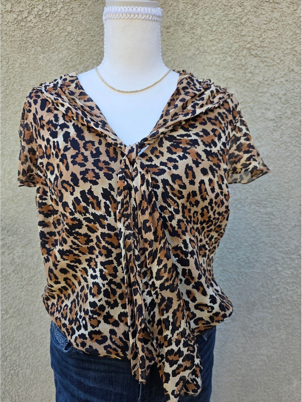 Dana Buchman Leopard Print Sheer Tie-Neck Blouse | Size 14 | Fall Chic